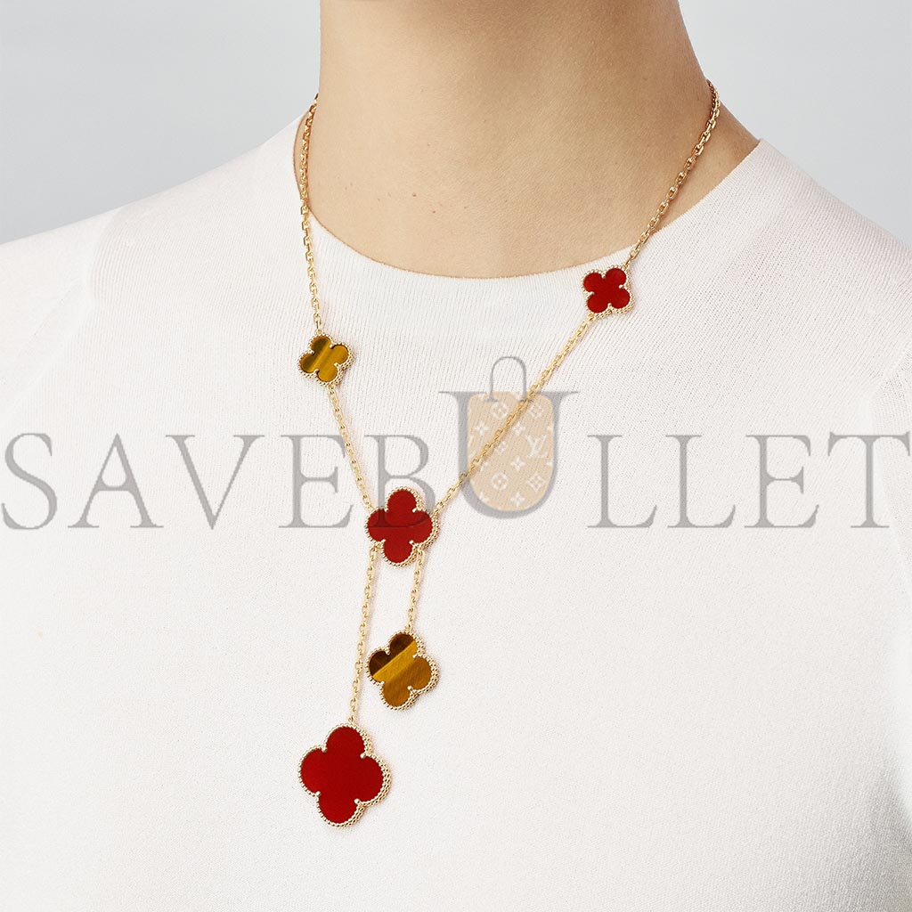V*N CL*F arpels magic alhambra necklace, 6 motifs - yellow gold, carnelian, tiger eye  vcarn5jp00